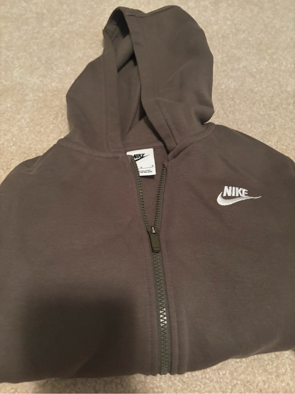 Nike Olive Green Zip-Up Hoodie with White Logo